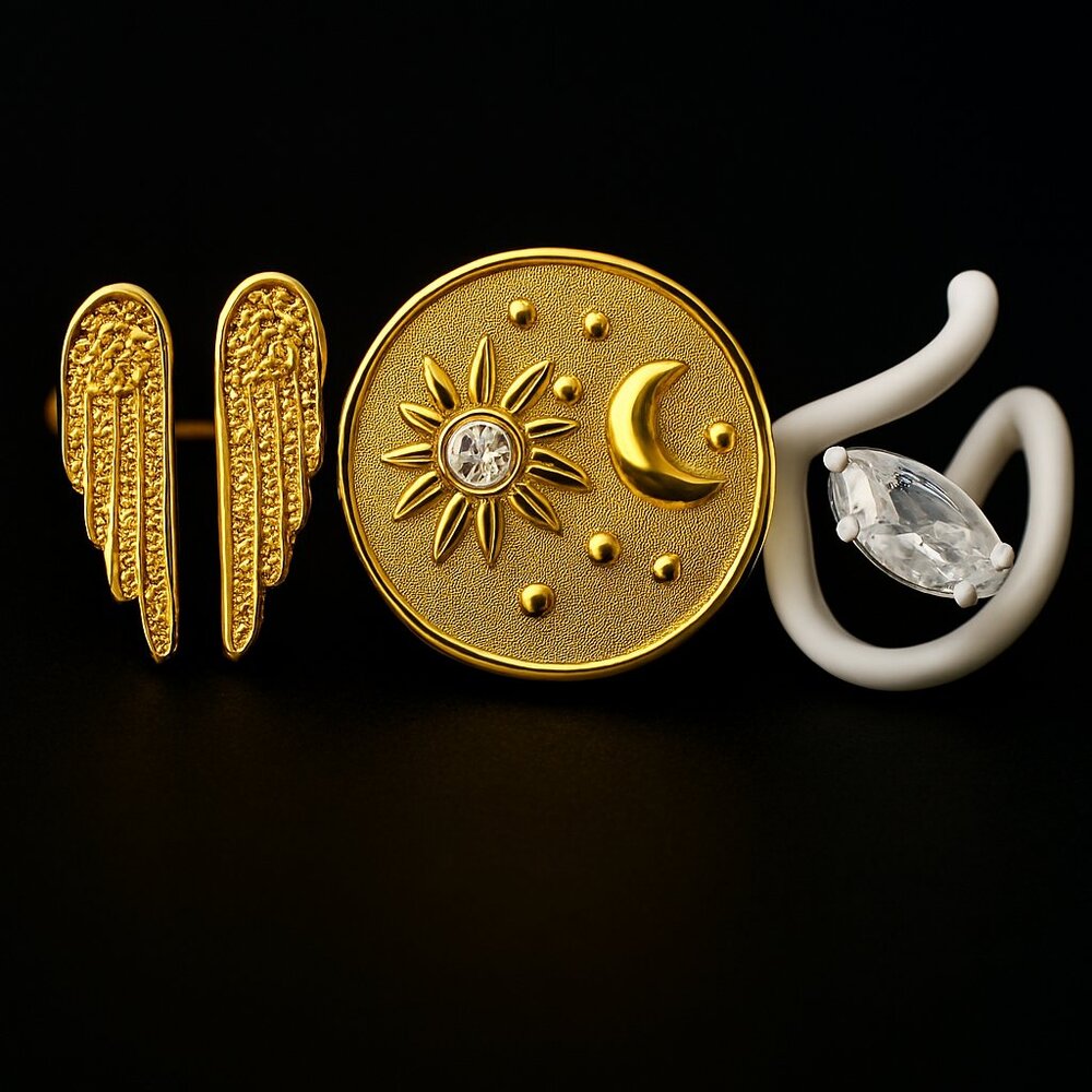 Gold Celestial Chic Ring Set by Wild Fable – Moon, Stars, Wing & Crystal Rings